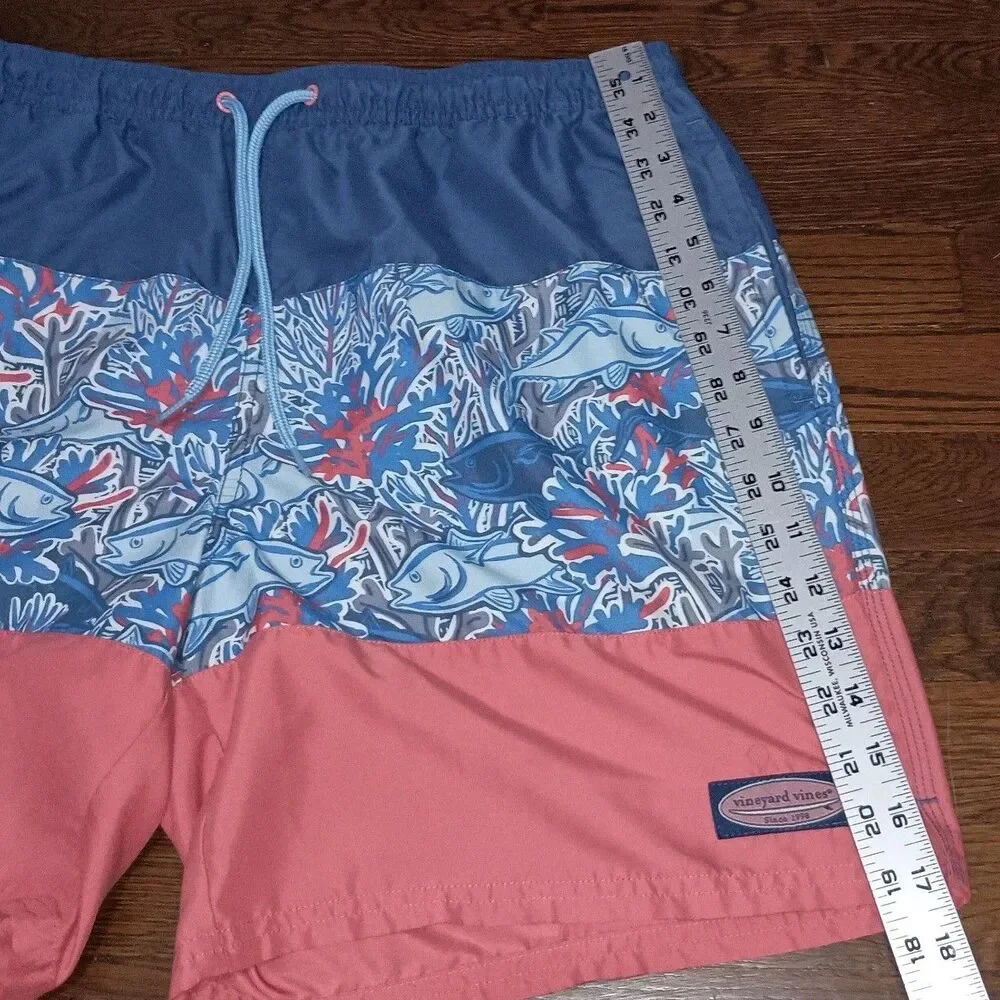 Vineyard Vines Swim Trunks Mens Large Fish Coral Pattern Blue Pink Striped Lined